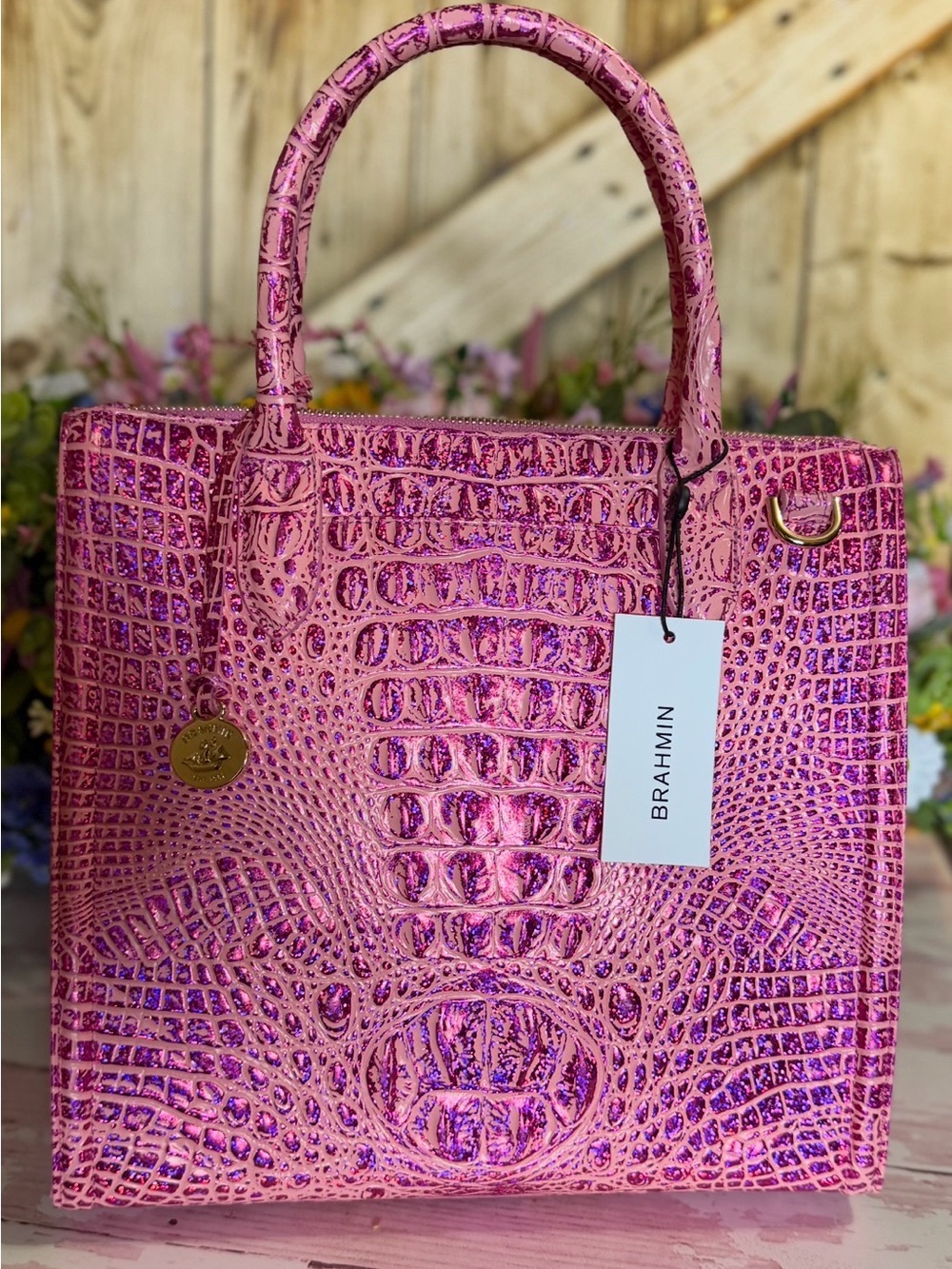 NWT Brahmin Caroline Empower Melbourne Leather Pink Purple sparkle FIRM $ 2 EYES - Picture 5 of 16